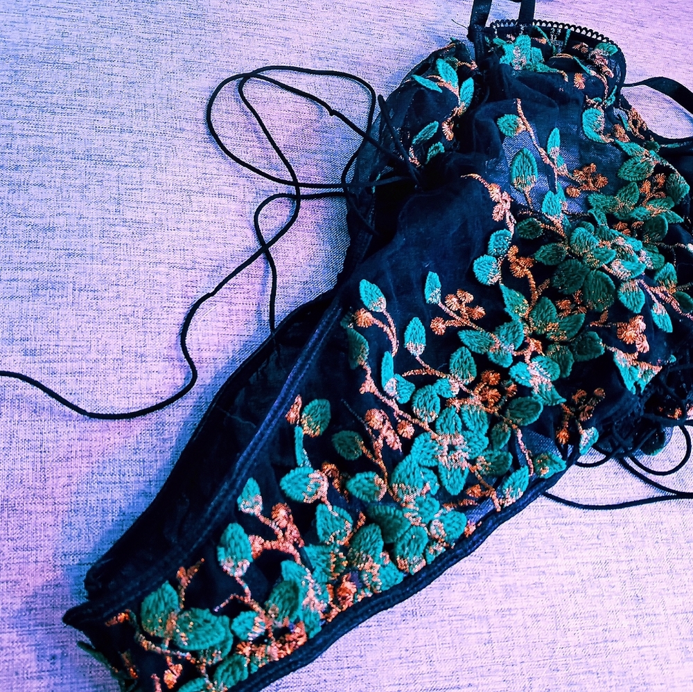 Floral Embroidered Mesh Lace-up Teddy Bodysuit